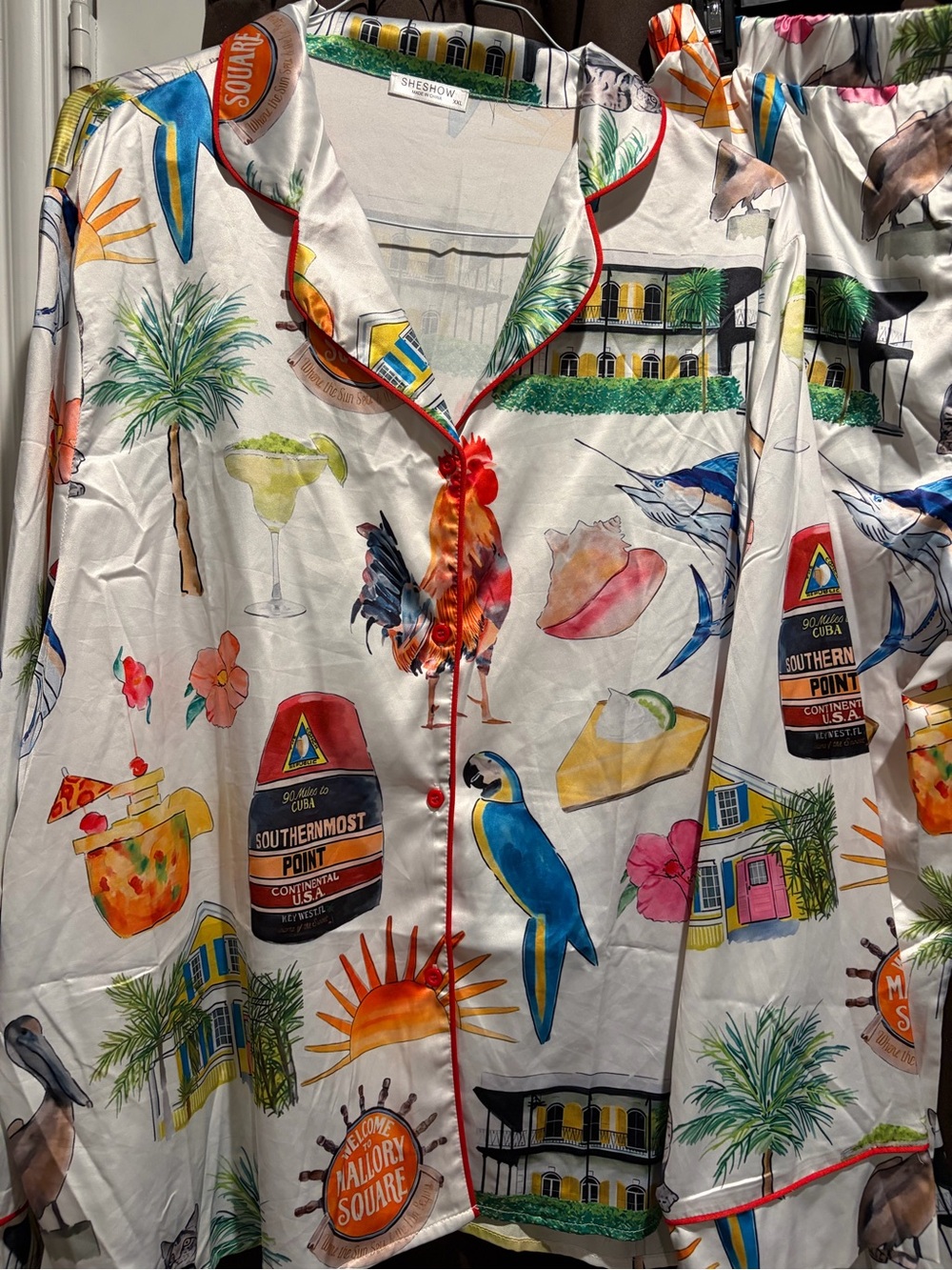 Women's silky XXL Tropical Print Pajama Set - White with Multi-Color Motif